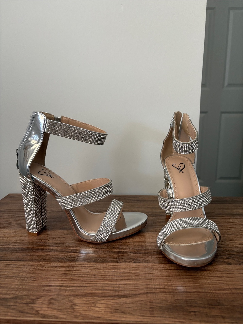 Silver Rhinestone Block Heel Sandals - Women's Evening Heels